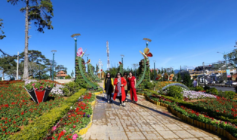 Du khách thích thú với tiểu cảnh hoa tại công viên Trần Hưng Đạo